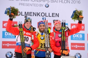 10.03.2016, Oslo, Norway (NOR): Simon Eder (AUT), Dominik Landertinger (AUT), Martin Fourcade (FRA) - IBU world championships biathlon, individual men, Oslo (NOR). www.nordicfocus.com. © Tumashov/NordicFocus. Every downloaded picture is fee-liable.