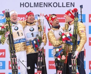12.03.2016, Oslo, Norway (NOR): Ole Einar Bjoerndalen (NOR), Tarjei Boe (NOR), Emil Hegle Svendsen (NOR) - IBU world championships biathlon, relay men, Oslo (NOR). www.nordicfocus.com. © Tumashov/NordicFocus. Every downloaded picture is fee-liable.